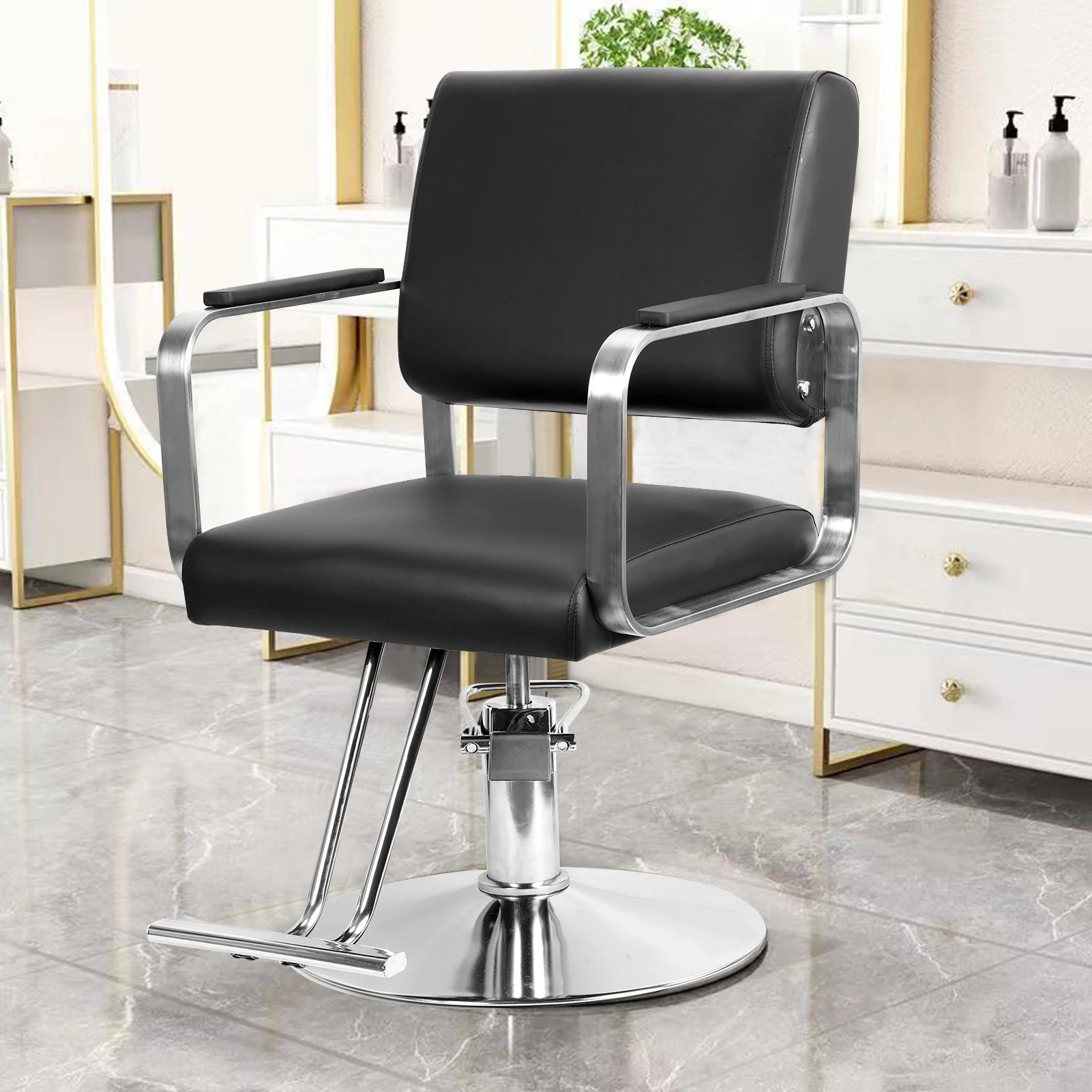 Flexible Adjustment: Salon stylist chair is equipped with a high-strength hydraulic pump, gently step on the lift lever to expel the air inside the hydraulic pump.