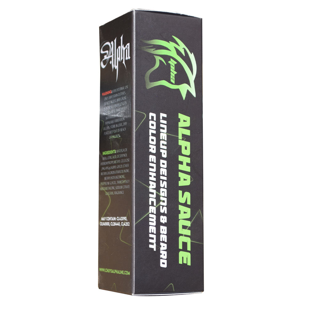 Alpha Sauce packaging with green and white text on a black background