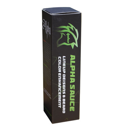 Black box with green text and logo labeled 'Alpha Sauce' on a white background