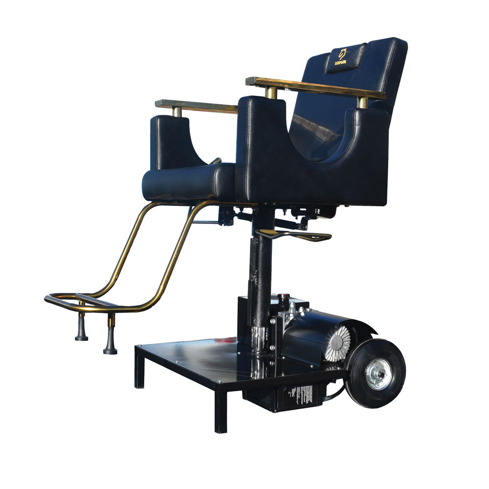 Electric Barber chair with blue leather seat and gold accents on a white background