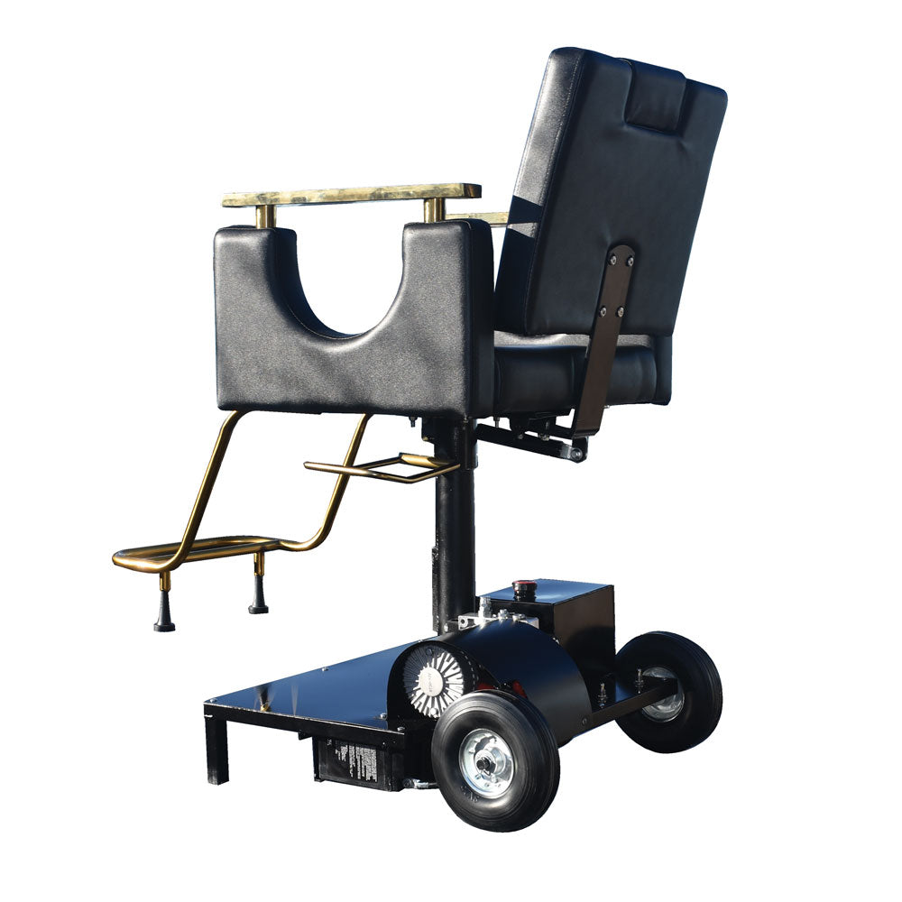 Electric Barber chair with blue leather seat and gold accents on a white background