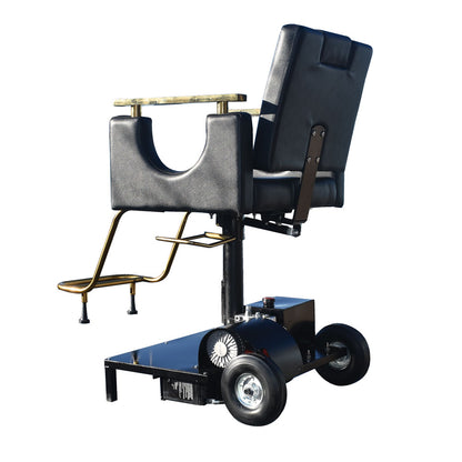 Electric Barber chair with blue leather seat and gold accents on a white background