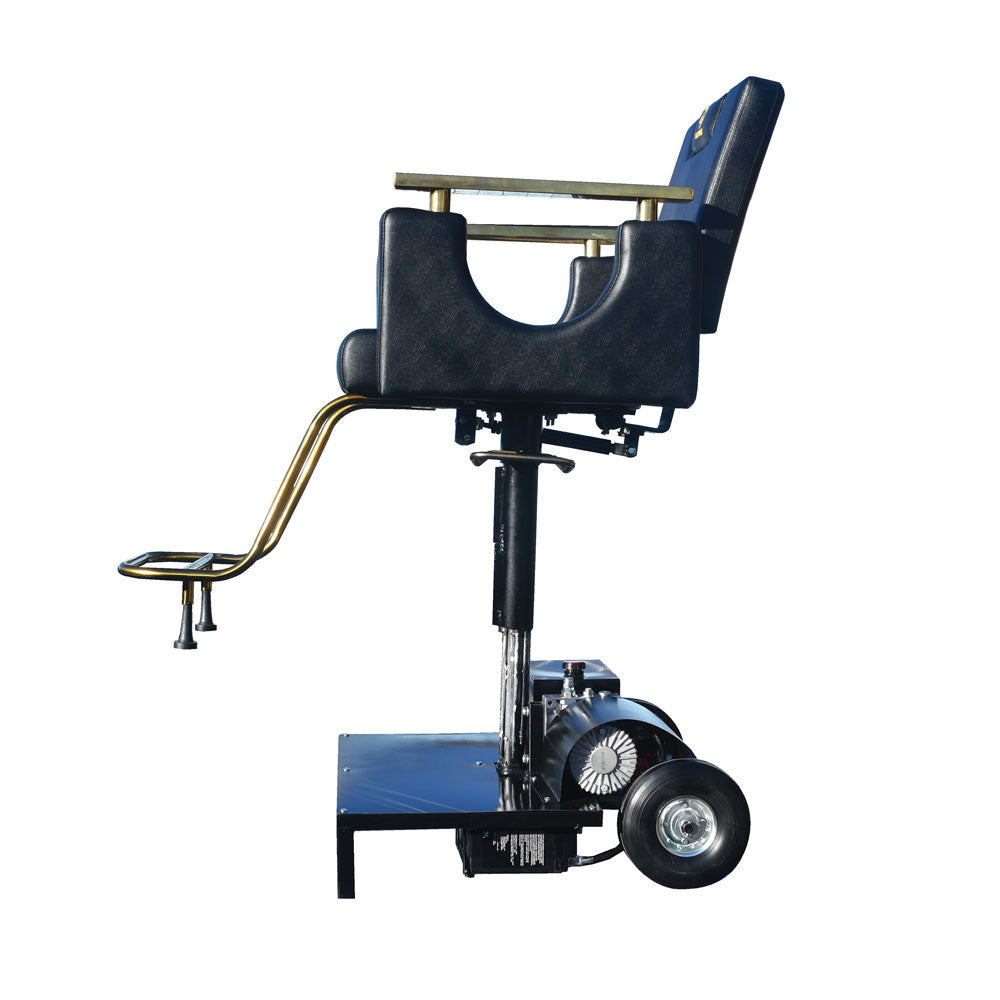 Electric Barber chair with blue leather seat and gold accents on a white background