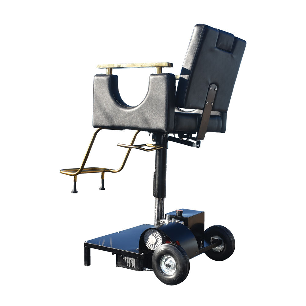 Electric Barber chair with blue leather seat and gold accents on a white background