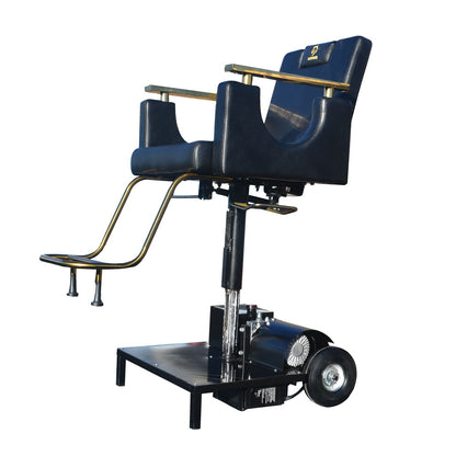 Electric Barber chair with blue leather seat and gold accents on a white background