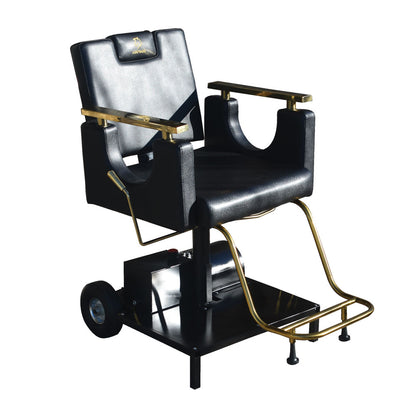 Electric Barber chair with blue leather seat and gold accents on a white background