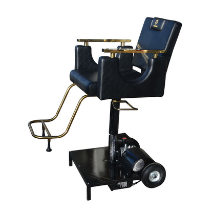 Electric Barber chair with blue leather seat and gold accents on a white background