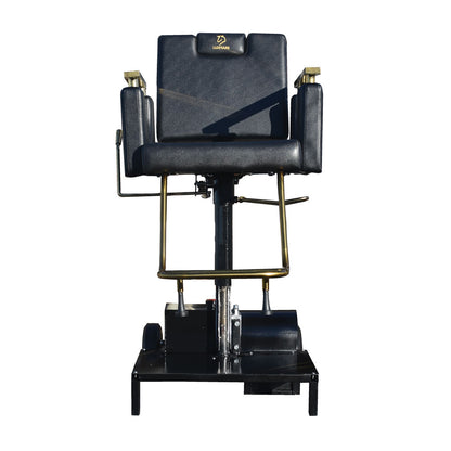 Electric Barber chair with blue leather seat and gold accents on a white background